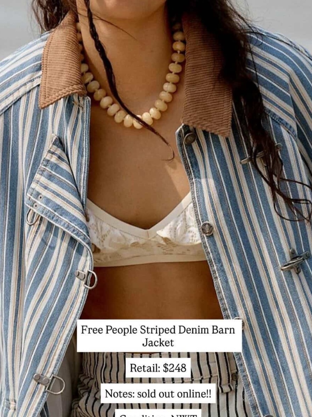 Free People Blue and White Striped Denim Barn Jacket